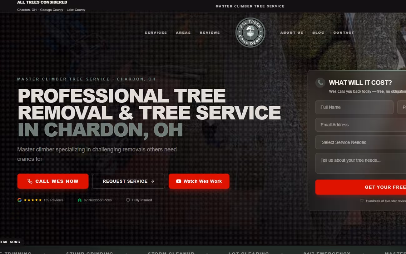 Tree removal company home page — Chardon, Ohio, with a free-quote form beside the headline