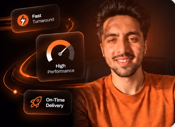 Three floating cards reading Fast Turnaround, High Performance and On-Time Delivery, beside a portrait of Saeed Noor.