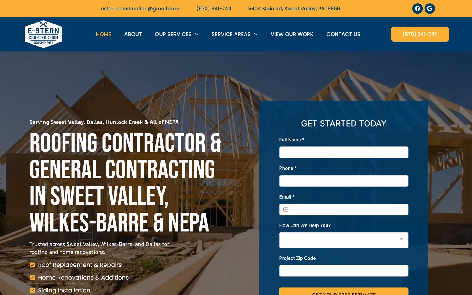 E-Stern Construction home page — roofing and general contracting in north-eastern Pennsylvania