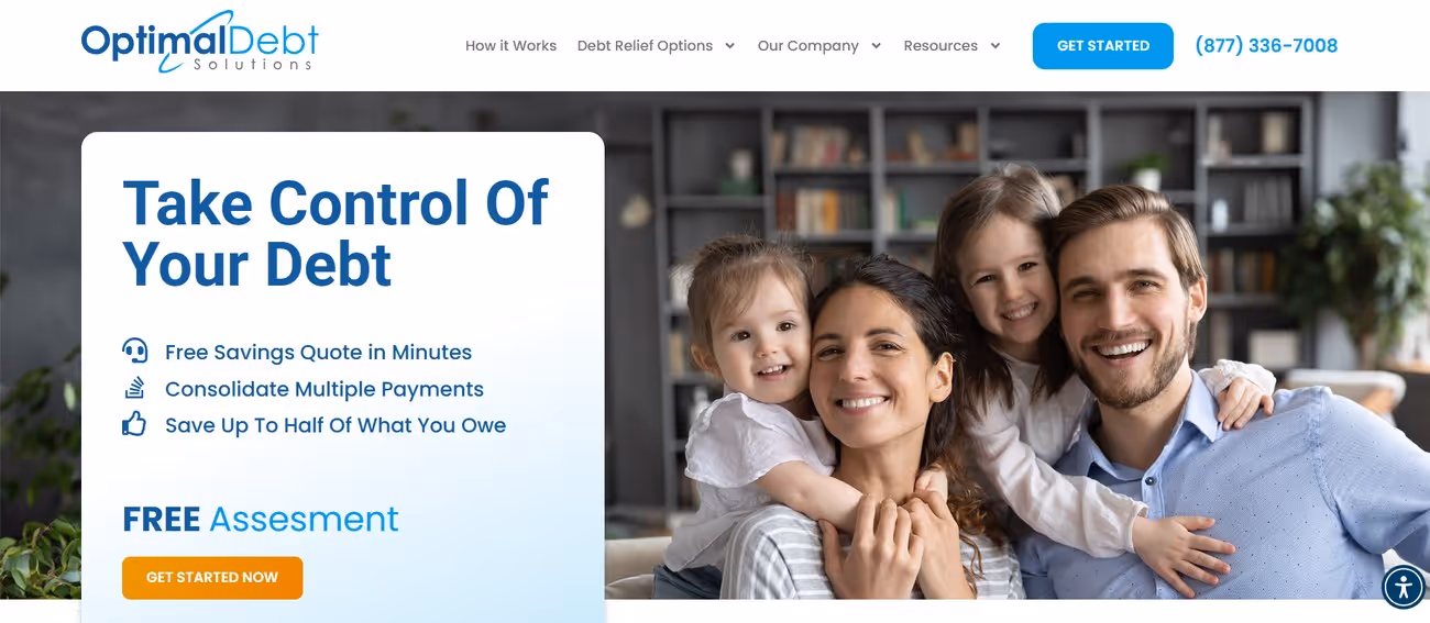 Optimal Debt Solutions home page — "Take Control Of Your Debt" headline with a free assessment call to action