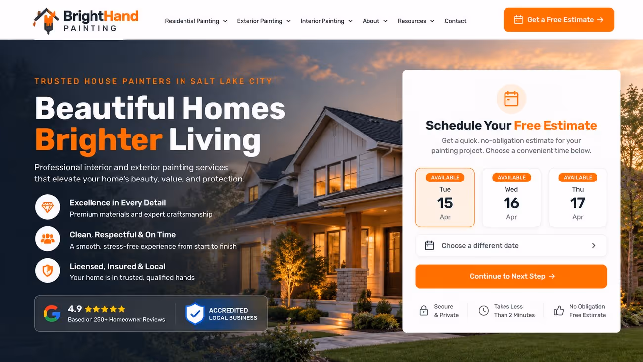 Painting company home page — Beautiful Homes, Brighter Living headline with a free estimate booking form