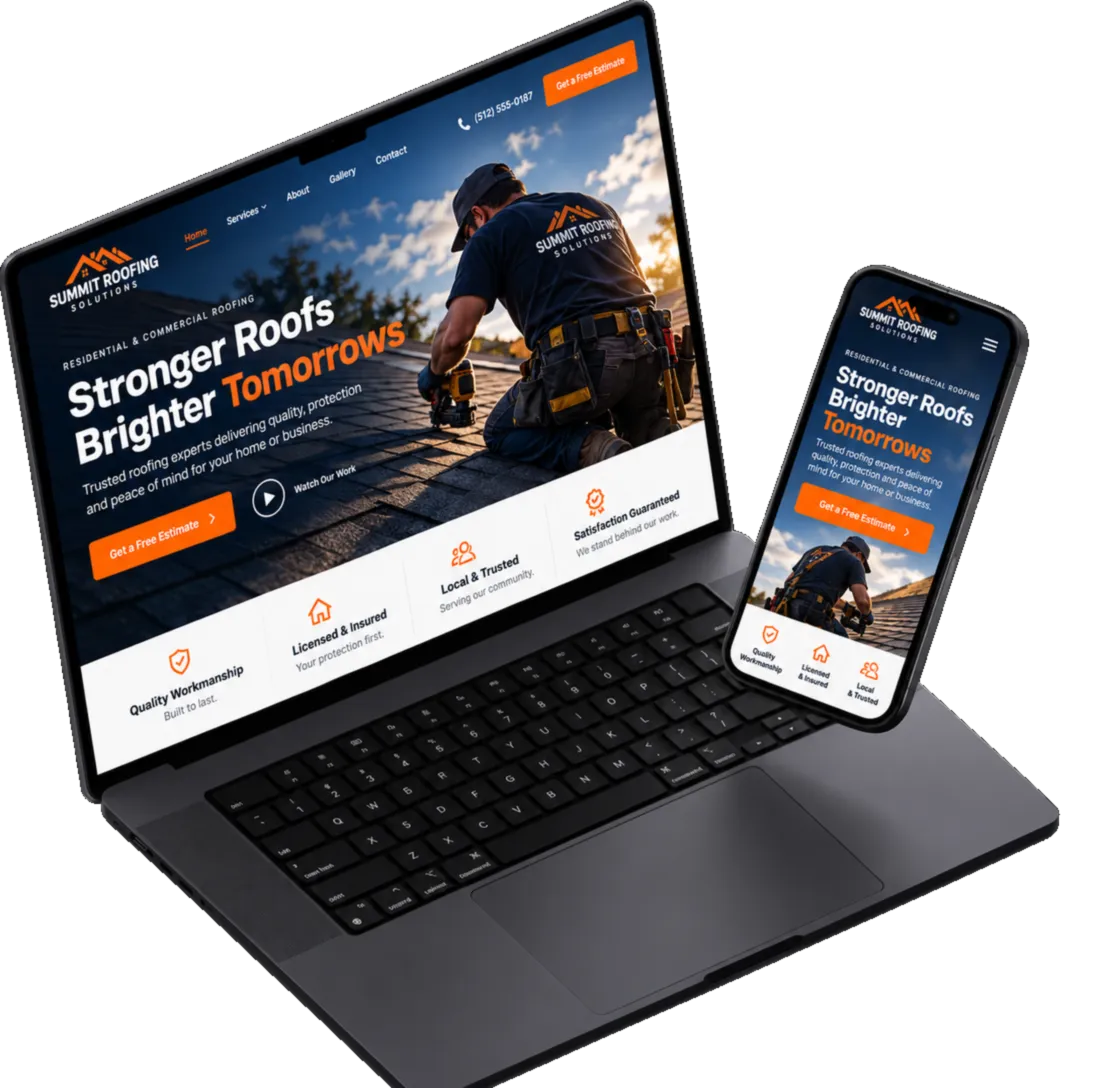 A roofing company website shown on a laptop and a phone: the same design, built to load fast on both.