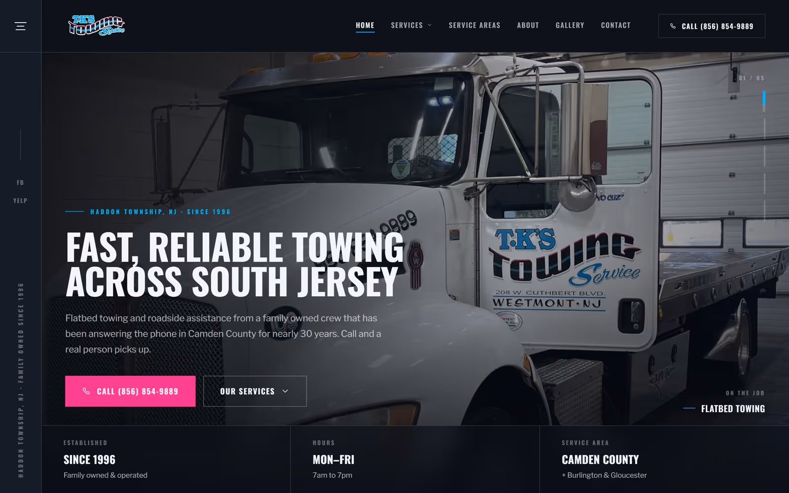 TK's Towing home page — flatbed towing in South Jersey