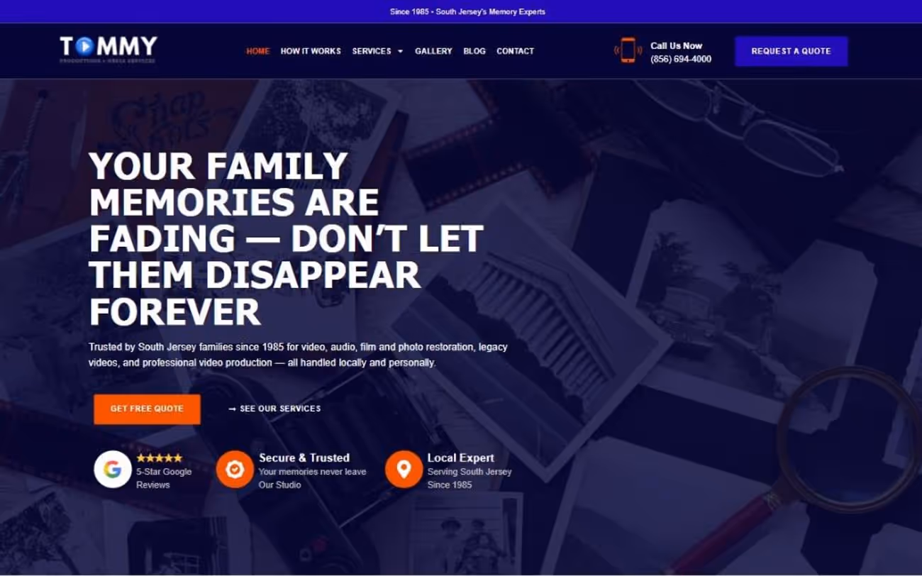 Tommy Productions home page — video and photo memory preservation in South Jersey