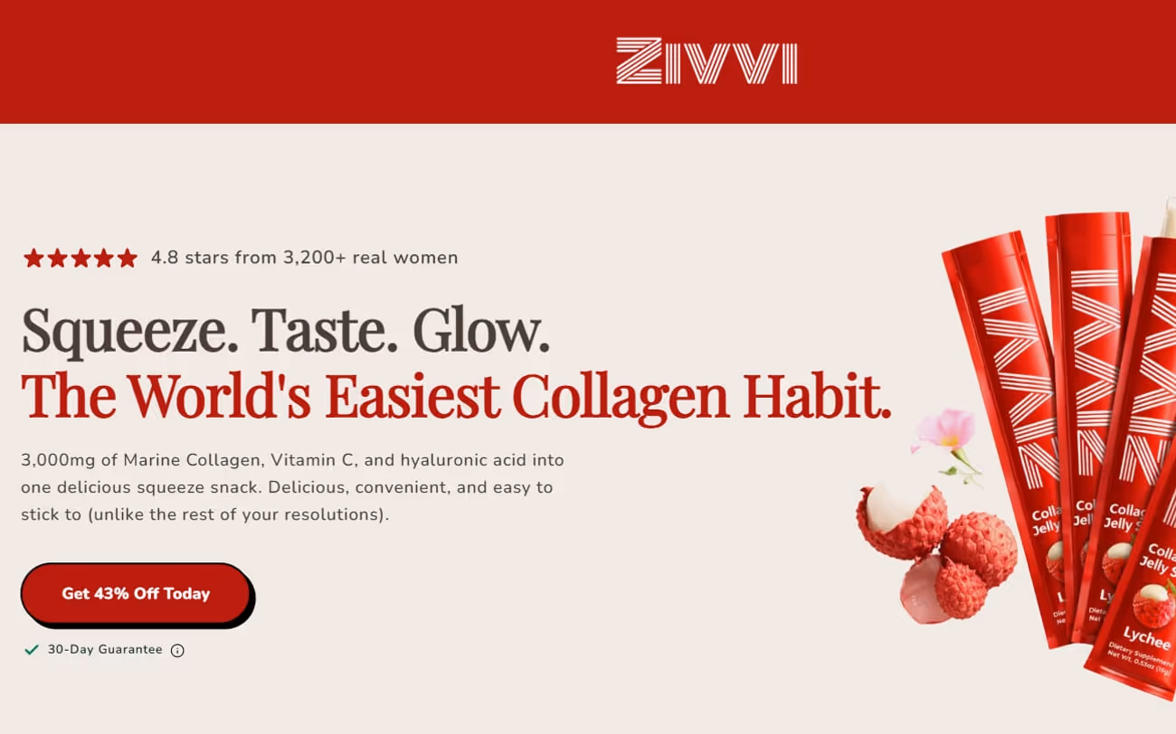 Collagen jelly stick store home page — headline, 43% off offer and product packs